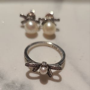 Pandora Bow and Pearl Ring and Earrings Set